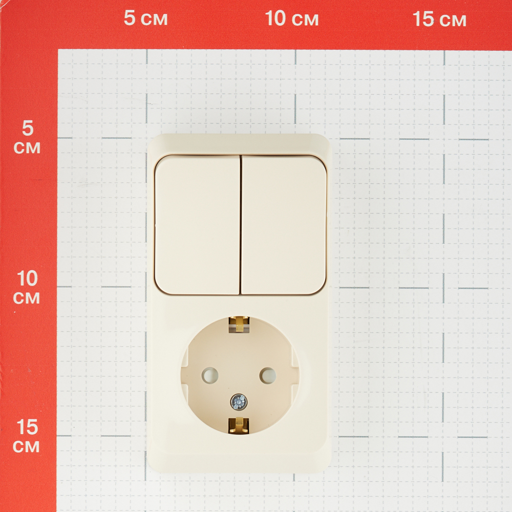 фото Блок выключателя с розеткой schneider electric этюд bpa16-202k двухклавишный открытая установка кремовый с заземлением ip20 со шторками