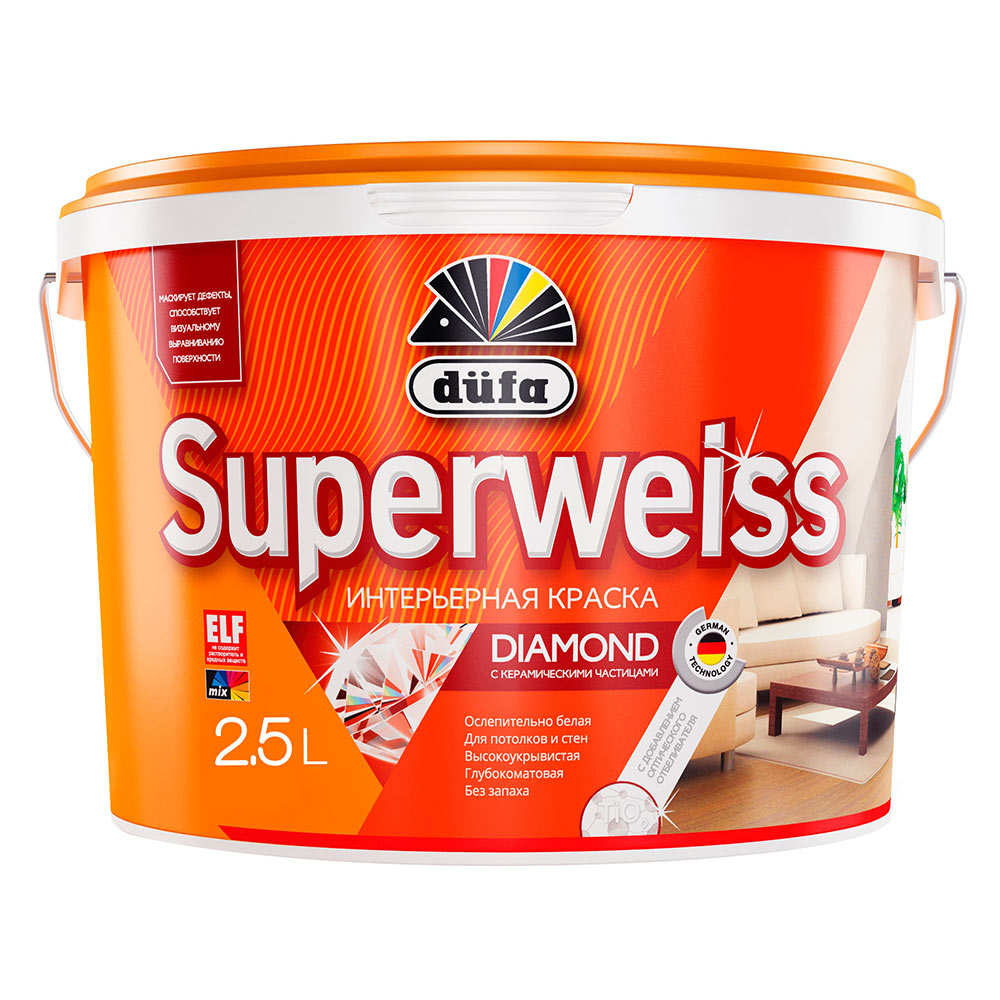 Краска интерьерная Dufa Superweiss RD4 база 1 белая 2,5 л dufa retail вд краска superweiss plus база 1 10л мп00 004745