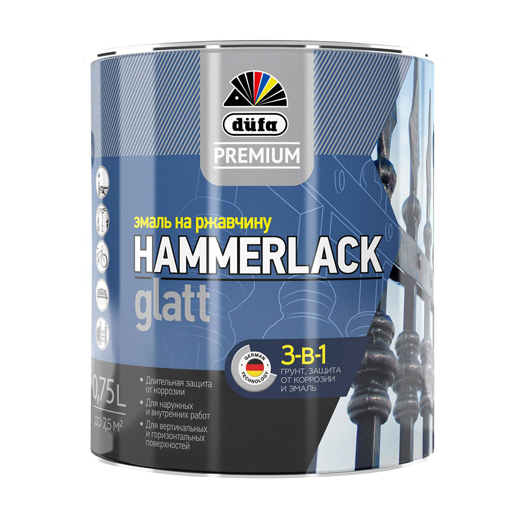 Эмаль по ржавчине 3в1 Dufa Premium Hammerlack серая RAL 7040 глянцевая 0,75 л