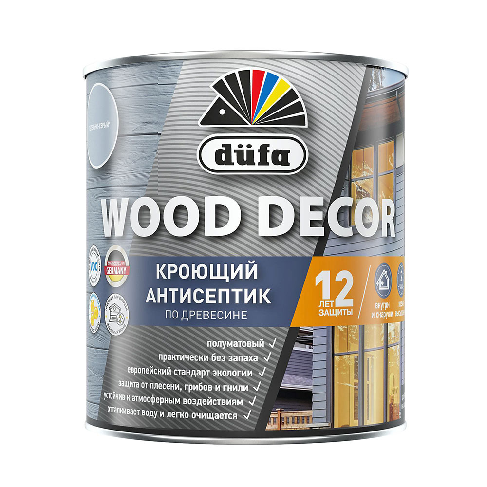 фото Антисептик dufa wood decor кроющий декоративный для дерева пепельно-серый 0,9 л
