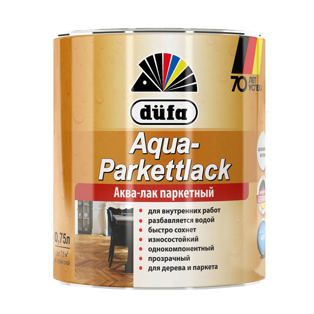 Лак акрил-полиуретановый паркетный Dufa Aqua-Parkettlack глянцевый бесцветный 0,75 л лак паркетный dufa aqua parkettlack шелково матовый прозрачный 0 75 л