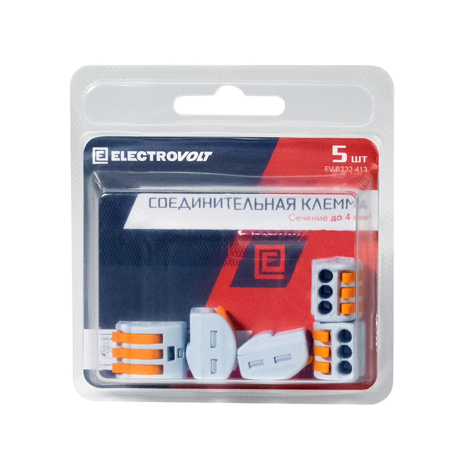 Клемма на 3 провода Electrovolt 222-413 0,08-(2,5)4 кв. мм с рычажками ...