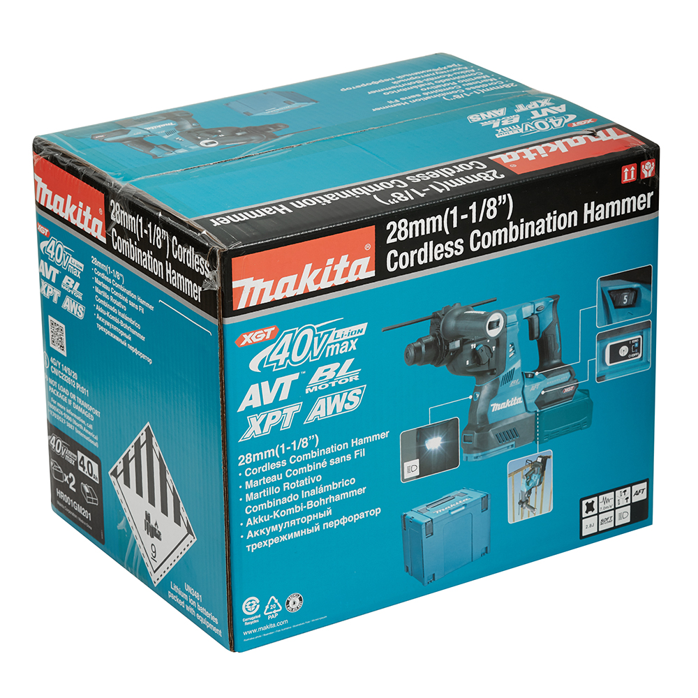 фото Перфоратор аккумуляторный makita (hr001gm201) 40 вт 2,8 дж 40в 2х4ач li-ion sds-plus 2 акб и зу