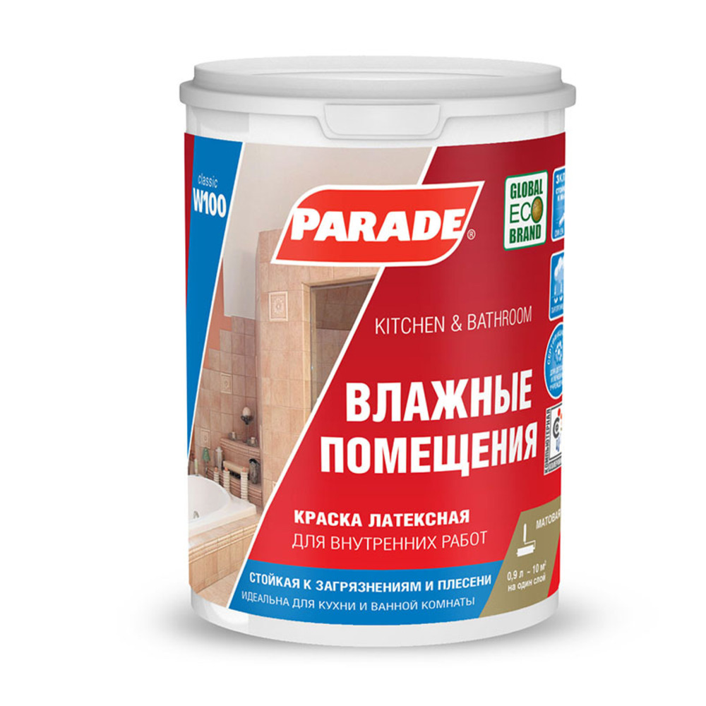 фото Краска моющаяся parade w100 влажные помещения база с бесцветная 0,9 л