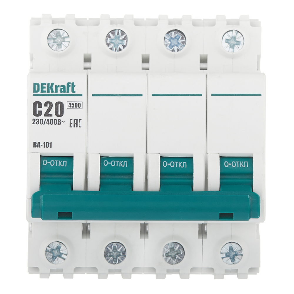 фото Автоматический выключатель dekraft ba-101 (11091dek) 4р 20а тип c 4,5 ка 230-400 в на din-рейку