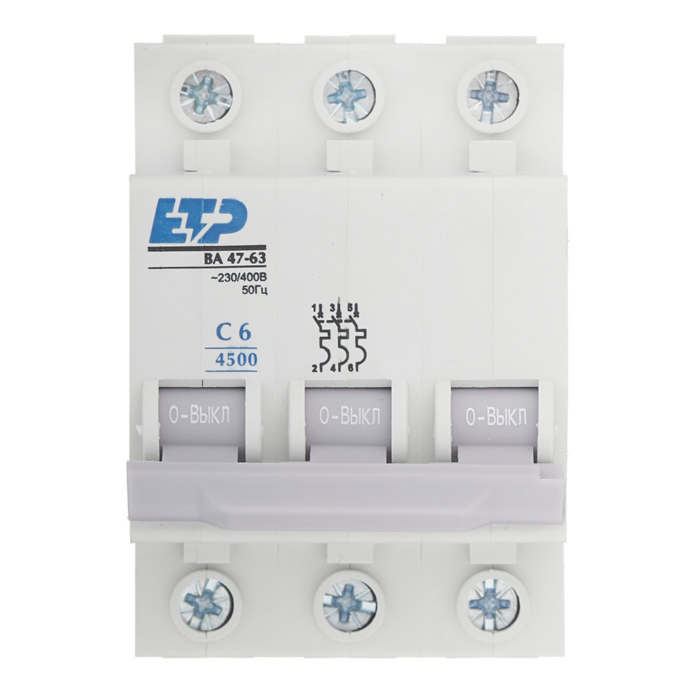 Автоматический выключатель ETP ВА 47-63 (11311) 3P 6А тип С 4,5 кА 400 В на DIN-рейку автоматический выключатель etp ва 47 63 11211 2p 6а тип с 4 5 ка 230 400 в на din рейку