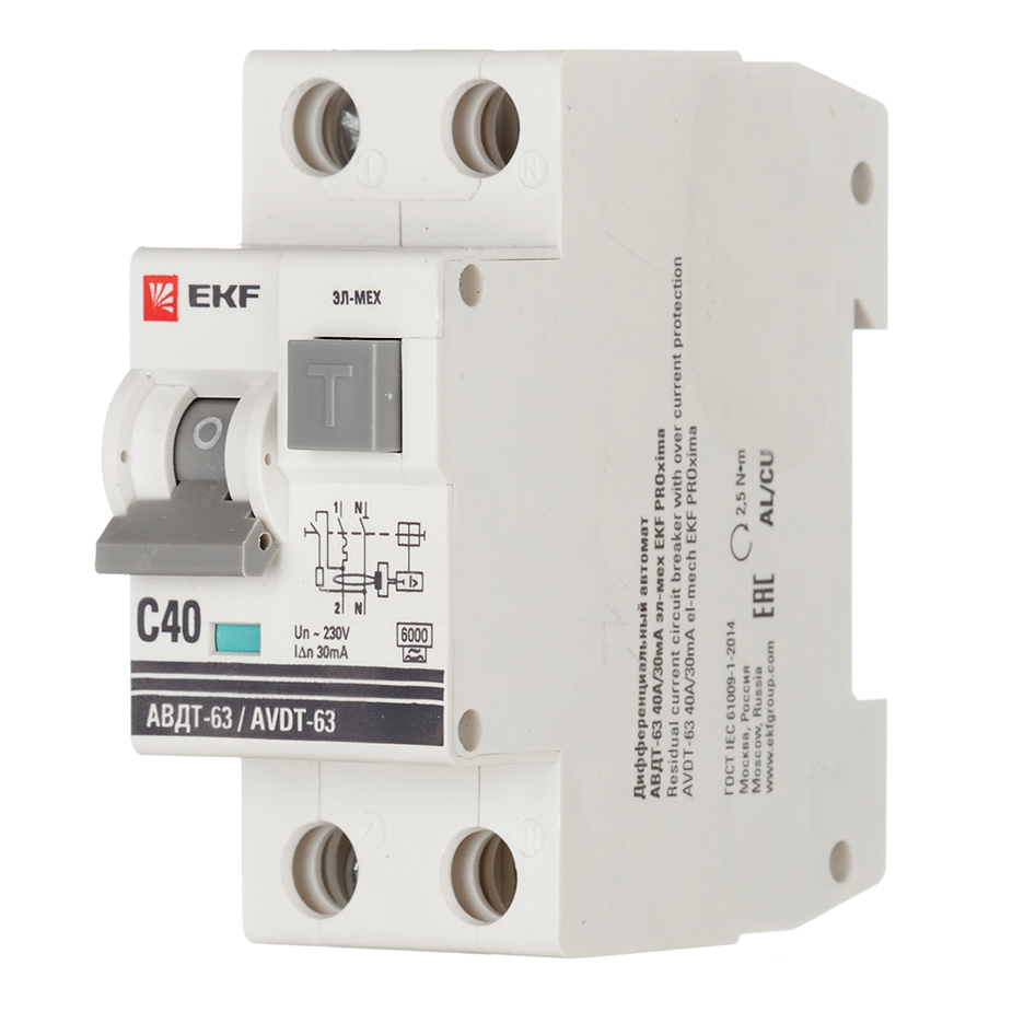 Автомат дифференциальный EKF (DA63-40-30-AC) 40А 30 мА 1P+N тип АС 6 кА ...