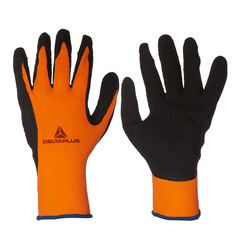 Перчатки полиэстеровые 13 нитей с латексным обливом Delta Plus VV733 черно-оранжевые