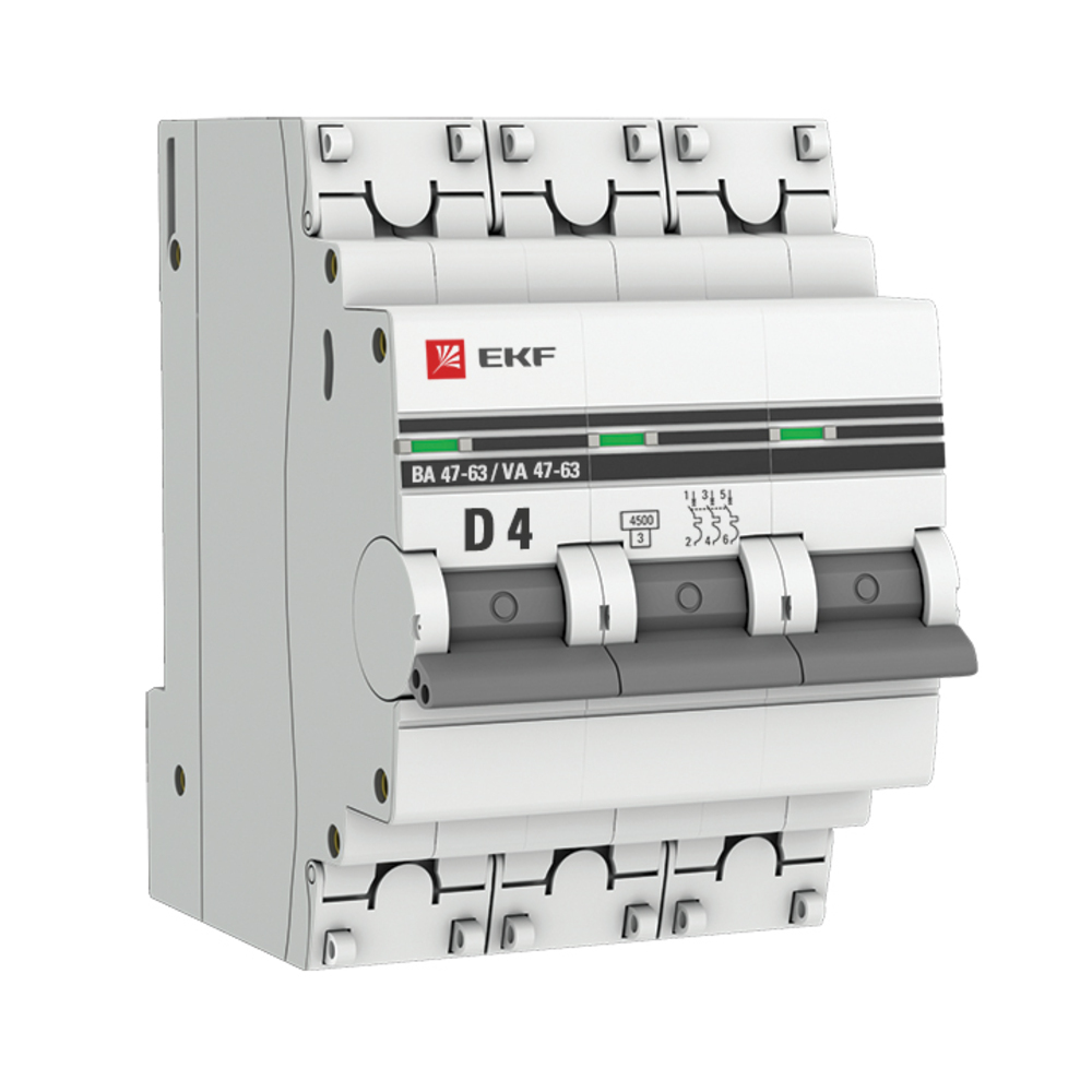фото Автоматический выключатель ekf proxima ва 47-63 3р 4а тип d 4,5 ка 400 в на din-рейку (mcb4763-3-04d-pro)