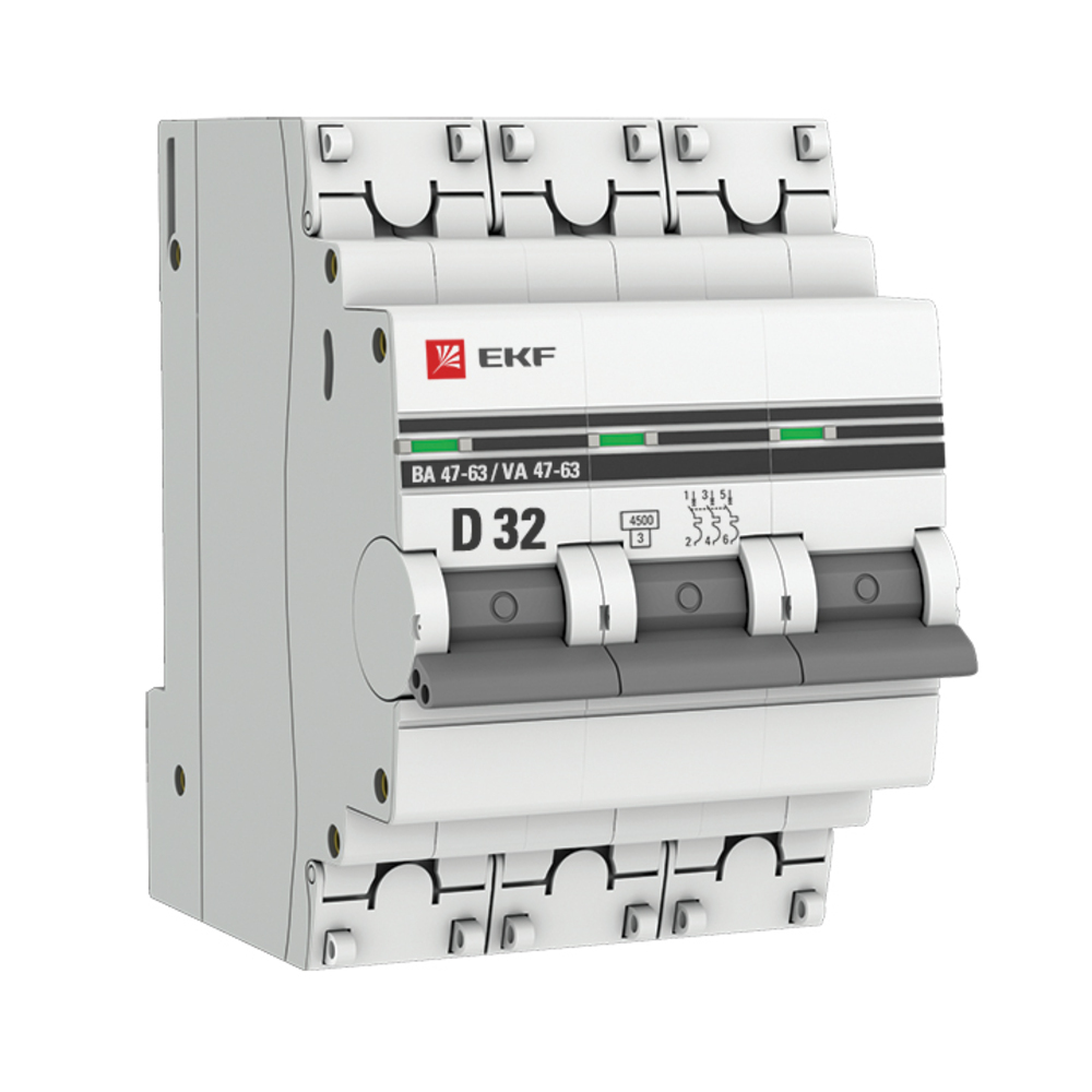 фото Автоматический выключатель ekf ва 47-63 (mcb4763-3-32d-pro) 3p 32а тип ac 4,5 ка 400 в на din-рейку