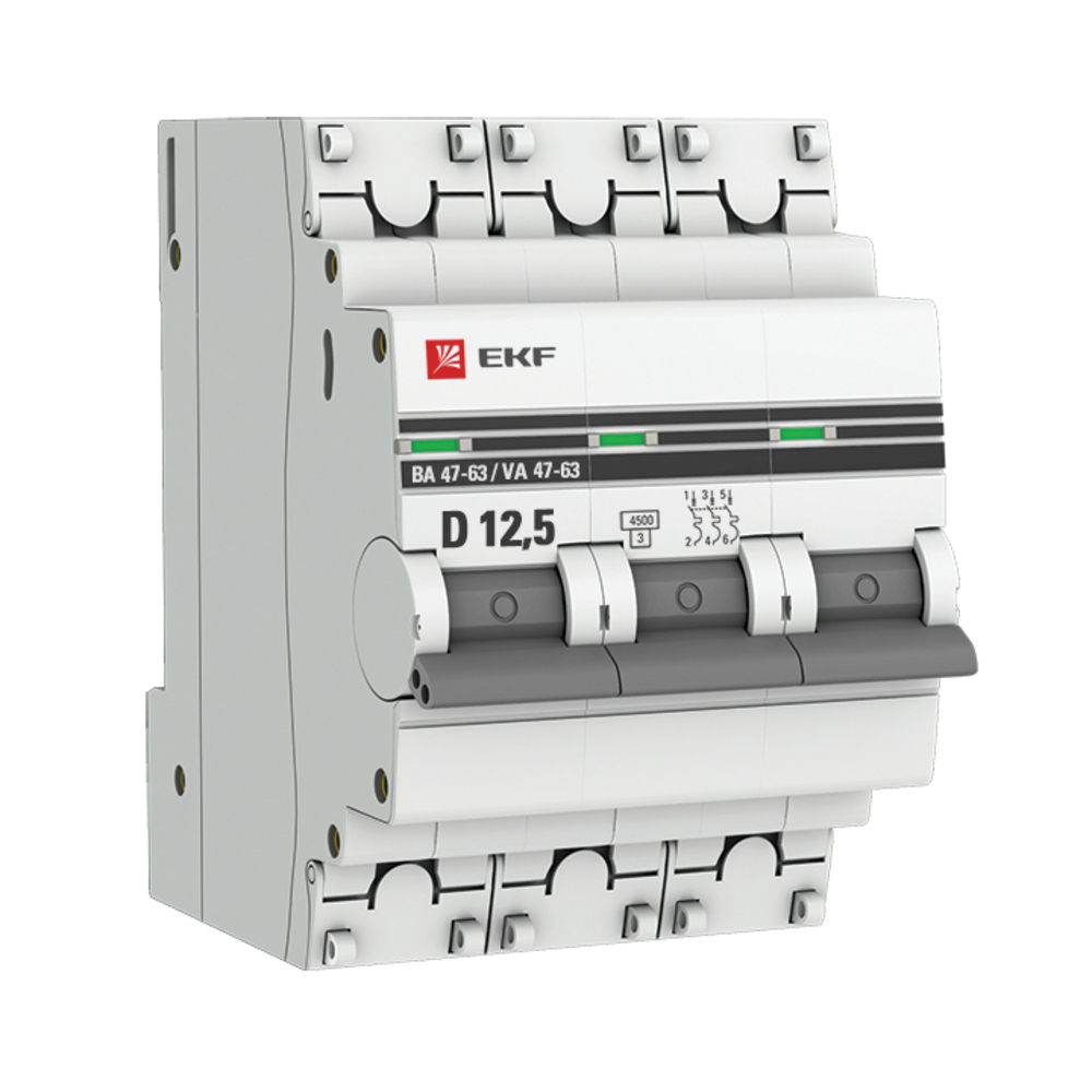 фото Автоматический выключатель ekf ва 47-63 (mcb4763-3-12.5d-pro) 3p 12,5а тип d 4,5 ка 400 в на din-рейку