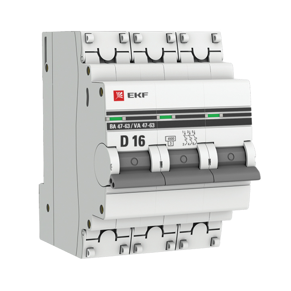 фото Автоматический выключатель ekf ва 47-63 (mcb4763-3-16d-pro) 3p 16а тип d 4,5 ка 400 в на din-рейку