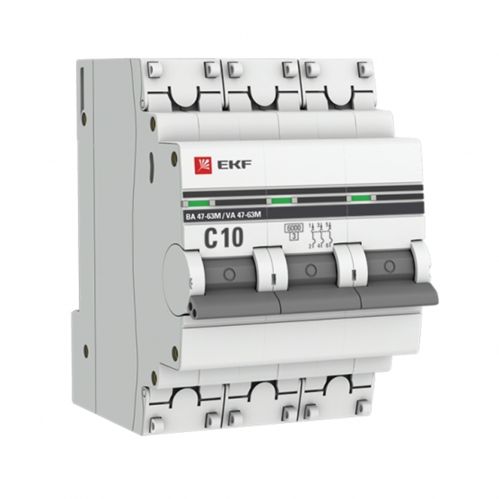 фото Автоматический выключатель ekf ва47-63м (mcb4763m-6-3-10c-pro) 3p 10а тип с 6 ка 400 в на din-рейку