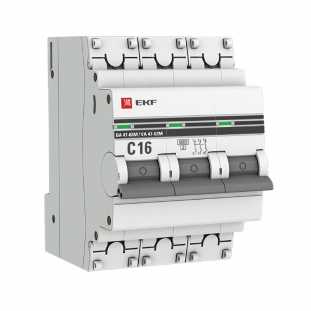 фото Автоматический выключатель ekf ва47-63м (mcb4763m-6-3-16c-pro) 3p 16а тип с 6 ка 400 в на din-рейку