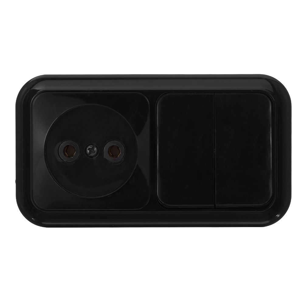 фото Блок выключателя с розеткой svet ev0362-5241 двухклавишный открытая установка черный без заземления