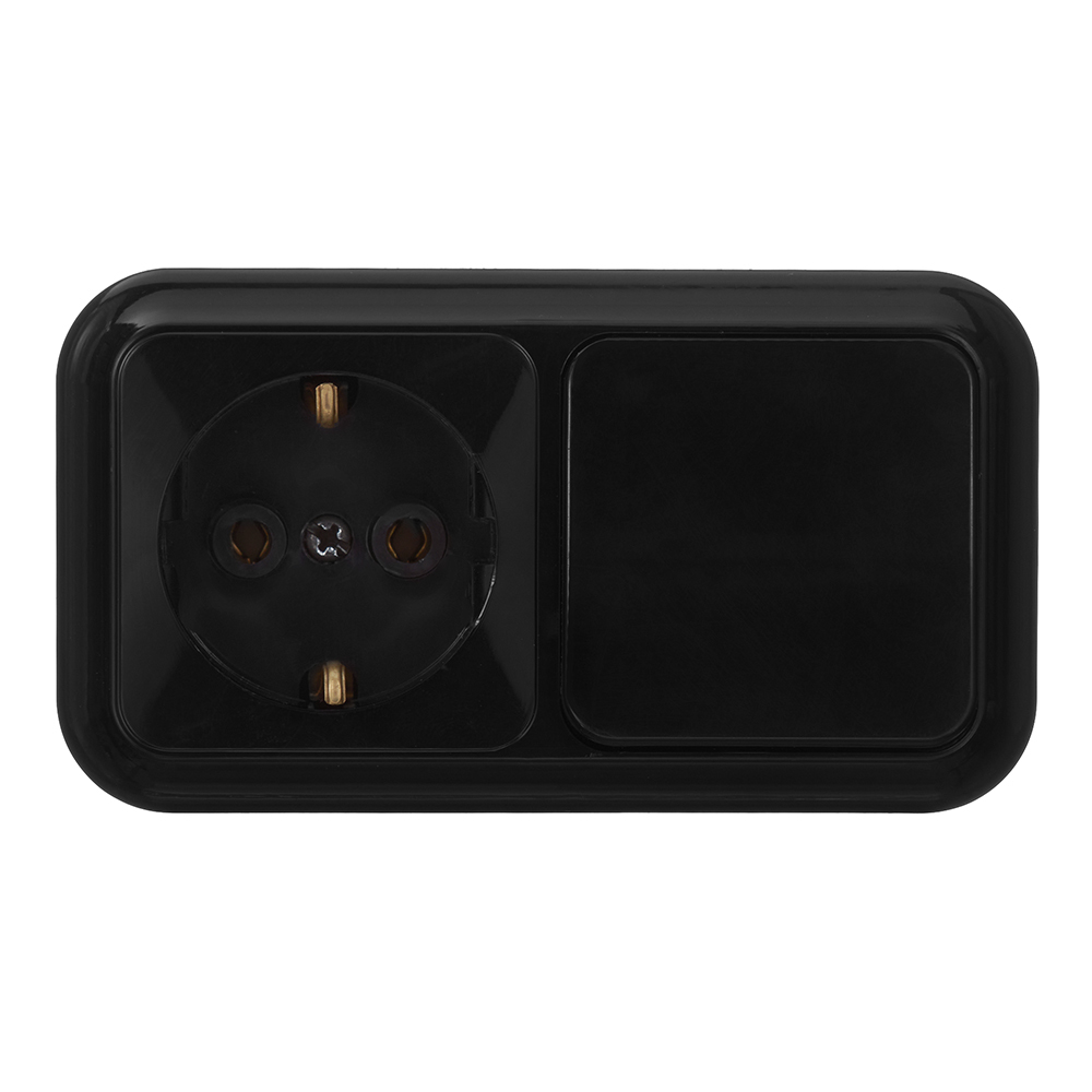 фото Блок выключателя с розеткой svet ev0362-5121 одноклавишный открытая установка черный с заземлением