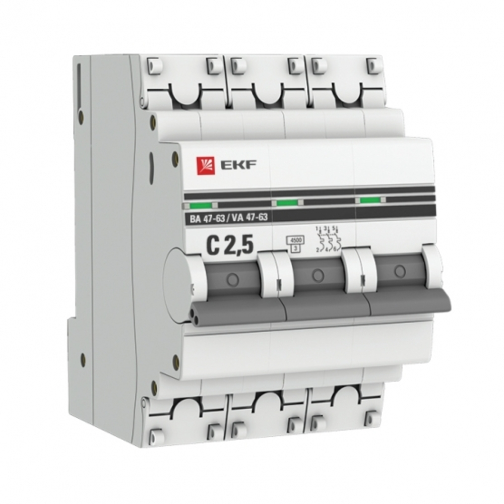 фото Автоматический выключатель ekf ва 47-63 (mcb4763-3-2.5c-pro) 3p 2,5а тип с 4,5 ка 400 в на din-рейку