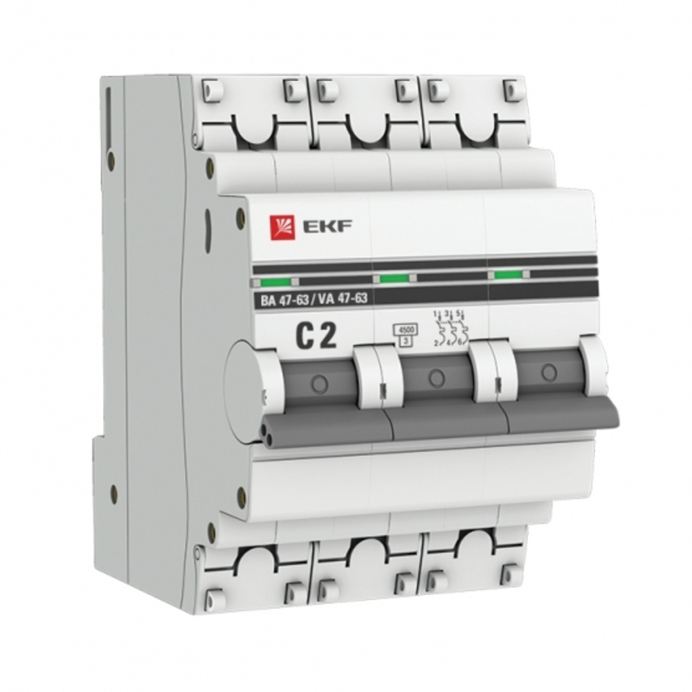 фото Автоматический выключатель ekf ва 47-63 (mcb4763-3-02c-pro) 3p 2а тип с 4,5 ка 400 в на din-рейку