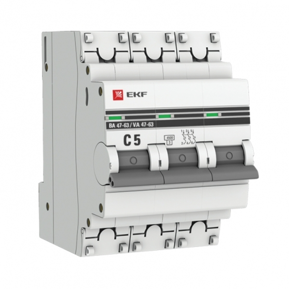 фото Автоматический выключатель ekf ва 47-63 (mcb4763-3-05c-pro) 3p 5а тип с 4,5 ка 400 в на din-рейку