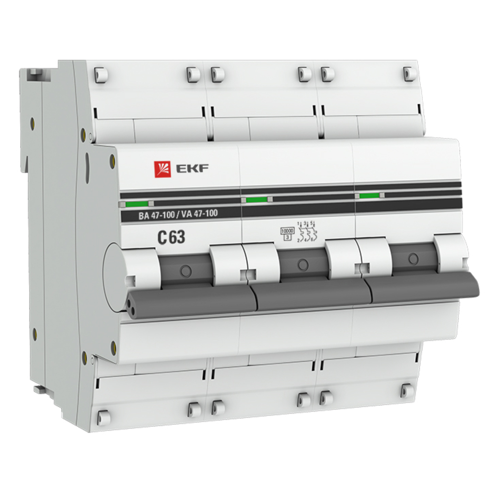 Автоматический выключатель EKF PROxima ВА 47-100 3P 63А тип C 10 кА 400 В на DIN-рейку (mcb47100-3-63C-pro) выключатель автоматический модульный 3п c 63а 10ка ва 47 100 proxima ekf mcb47100 3 63c pro