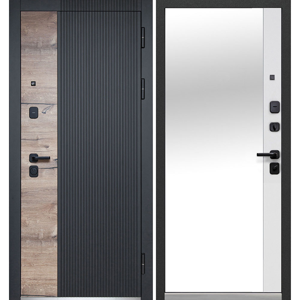 фото Дверь входная ferroni luxor вертикаль правая черный кварц - эмалит белый с зеркалом 960х2050 мм