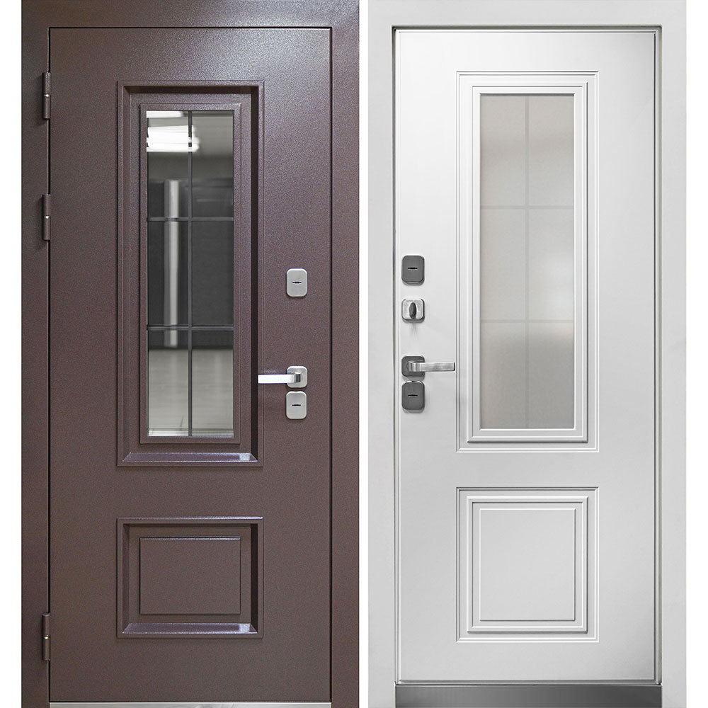 фото Дверь входная с терморазрывом ferroni luxor termo 3 левая букле шоколад - эмалит белый со стеклопакетом 960х2050 мм