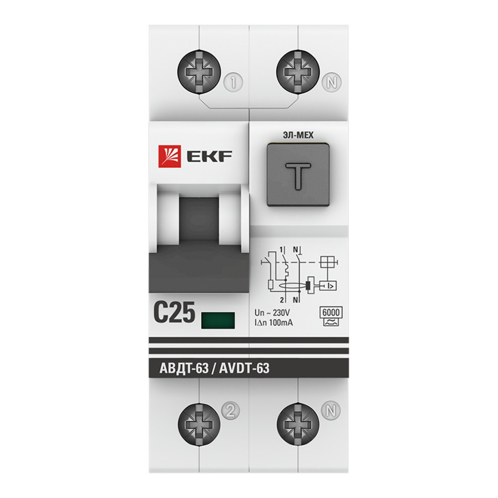 Автомат дифференциальный EKF PROxima АВДТ-63 25А 100 мА 2P 6 кА (DA63-25-100em) выключатель дифференциального тока iek karat авдт 32 c16