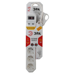 Сетевой фильтр ЭРА USF Стандарт (Б0019037) с заземлением 1,5 м 10 А 220 В 2,2 кВт 5 розеток ПВС 3х0,75 мм2 IP20 с выключателем и защитными шторками белый
