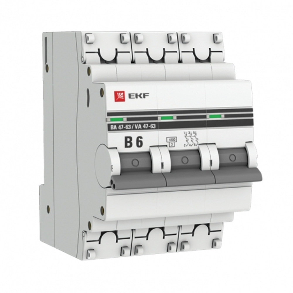 фото Автоматический выключатель ekf ва 47-63 (mcb4763-3-06b-pro) 3p 6а тип в 4,5 ка 230 в на din-рейку