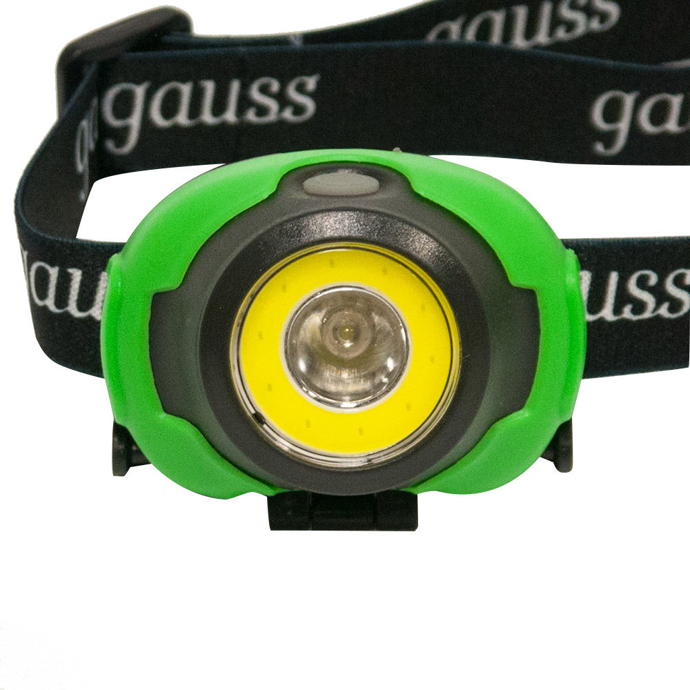 фото Фонарь налобный gauss (gf303) светодиодный 2 led 4 вт на батарейках aaa пластик 3 режима