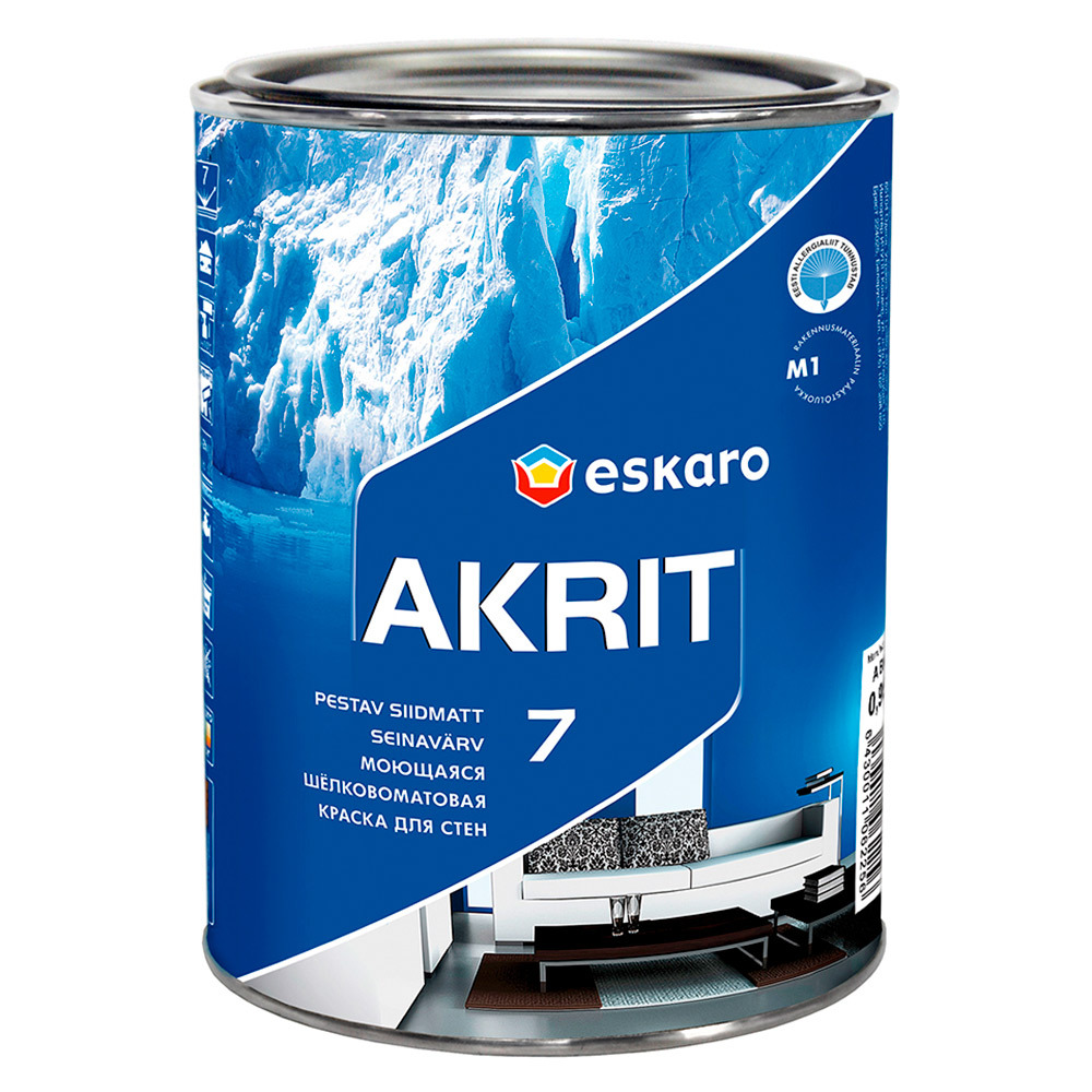 Краска моющаяся Eskaro Akrit 7 база TR бесцветная 0,9 л eskaro akzent kitchen краска влагостойкая особопрочная под колеровку матовый база tr 2 7 л