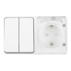 Блок выключателя с розеткой Systeme Electric AtlasDesign Profi54 ATN540174 двухклавишный открытая установка белый с заземлением IP54 со шторками