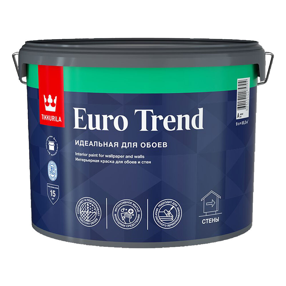 Краска моющаяся Tikkurila Euro Trend база A белая 9 л краска моющаяся tikkurila euro power 7 база а белая 9 л