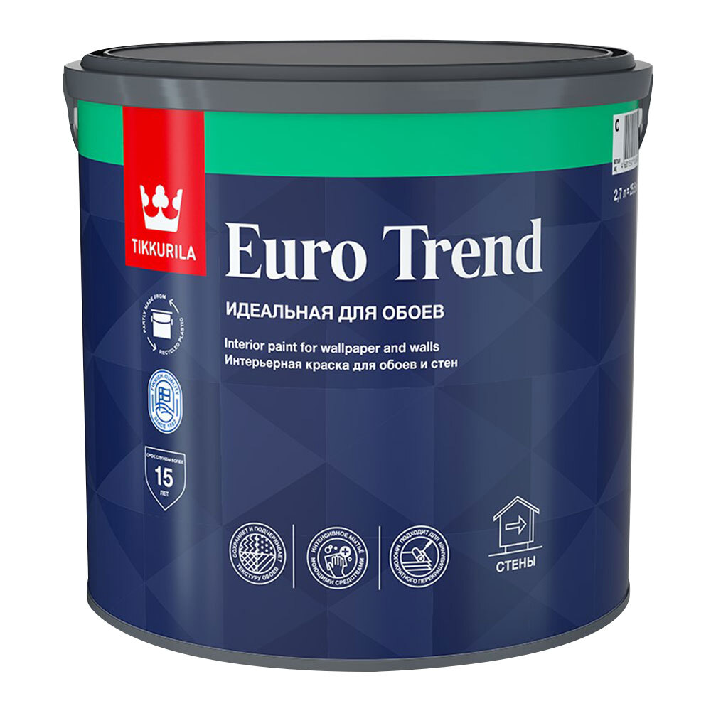 фото Краска моющаяся tikkurila euro trend база c бесцветная 2,7 л