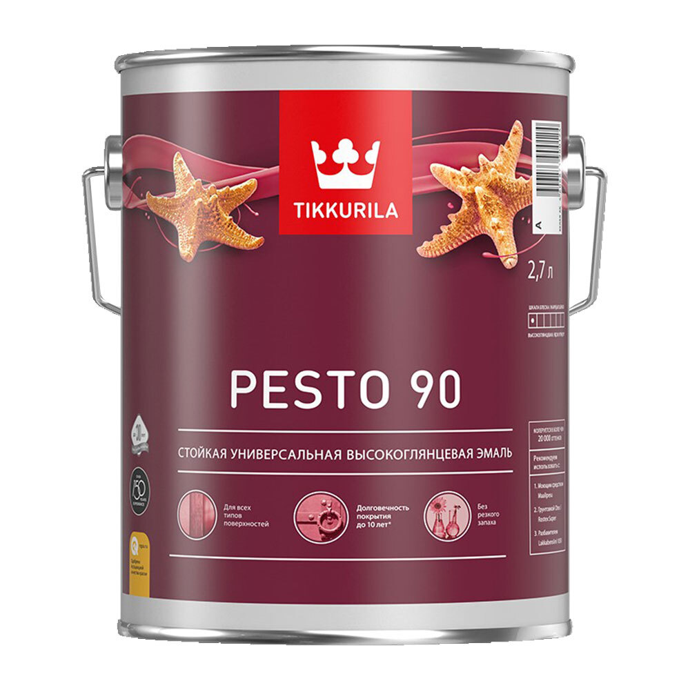 Эмаль алкидная Tikkurila Pesto 90 база A глянцевая 2,7 л tikkurila miranol эмаль алкидная универсальная белый база a 2 7 л