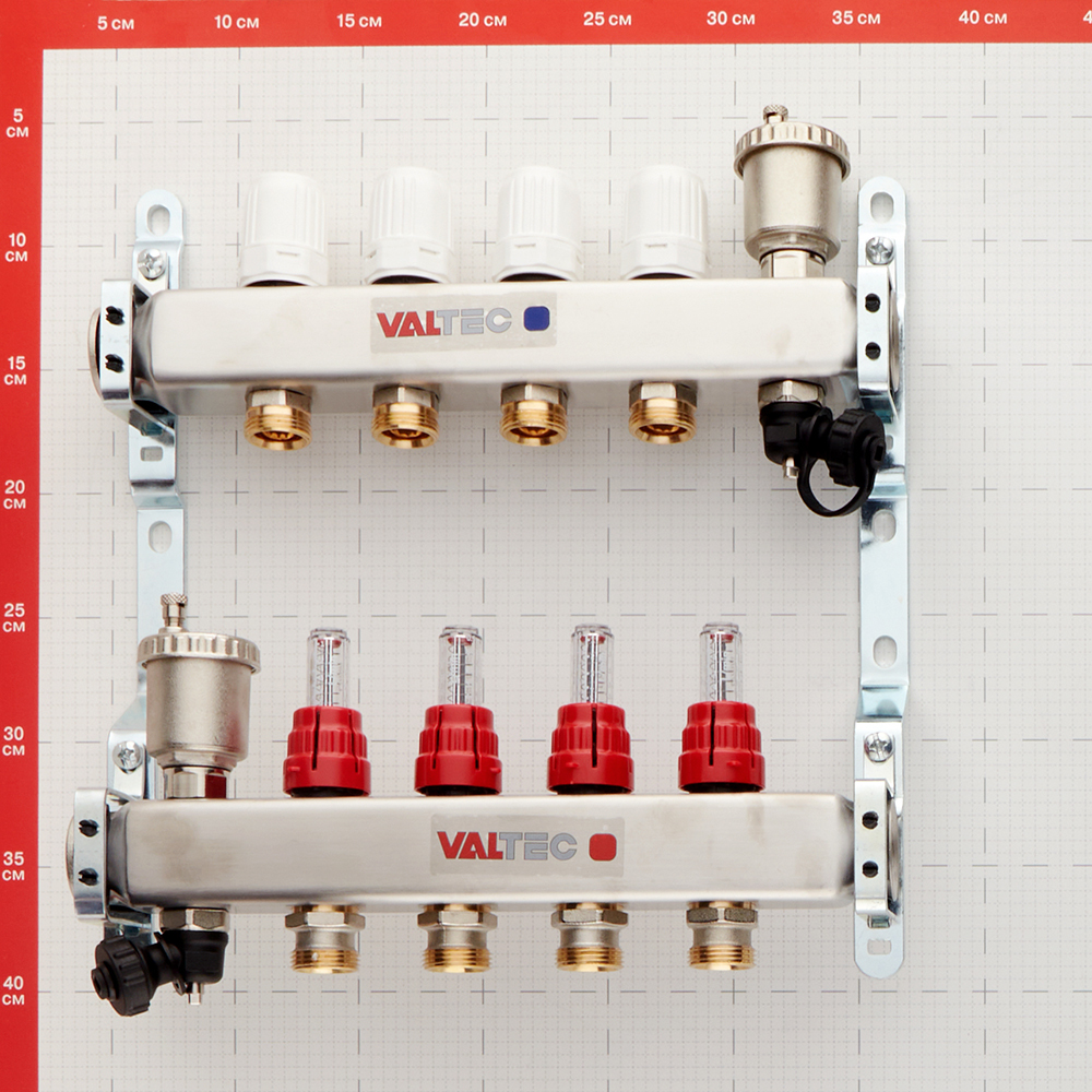 Коллекторная группа с расходомерами нержавеющая сталь Valtec 1 ВР(г) х 4 выхода 3/4 НР(ш) ЕК х 1 ВР(г) Вид№4