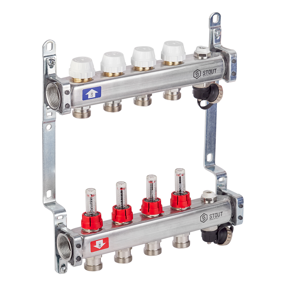 Коллекторная группа с расходомерами нержавеющая сталь Stout 1 ВР(г) х 4 выхода 3/4 НР(ш) ЕК х 1 ВР(г) Вид№2