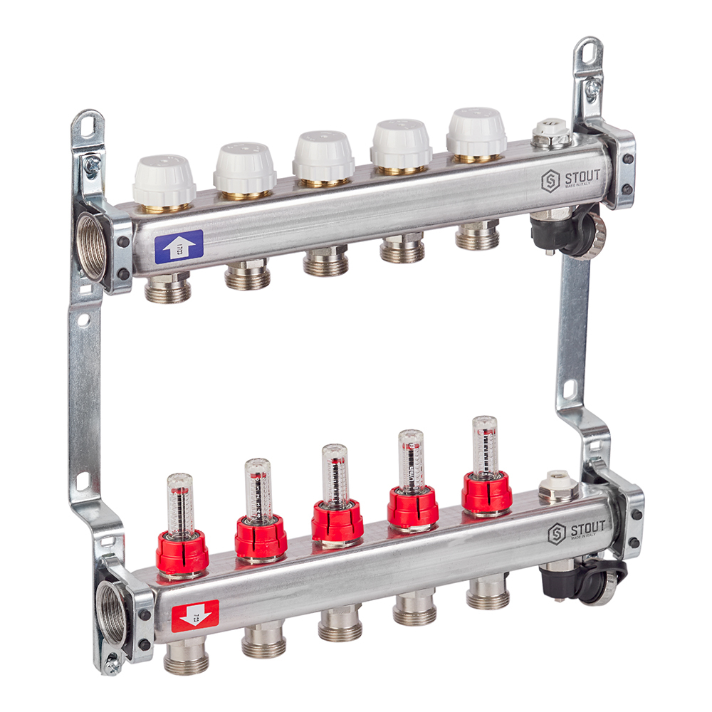 Коллекторная группа с расходомерами нержавеющая сталь Stout 1 ВР(г) х 5 выходов 3/4 НР(ш) ЕК х 1 ВР(г) Вид№2