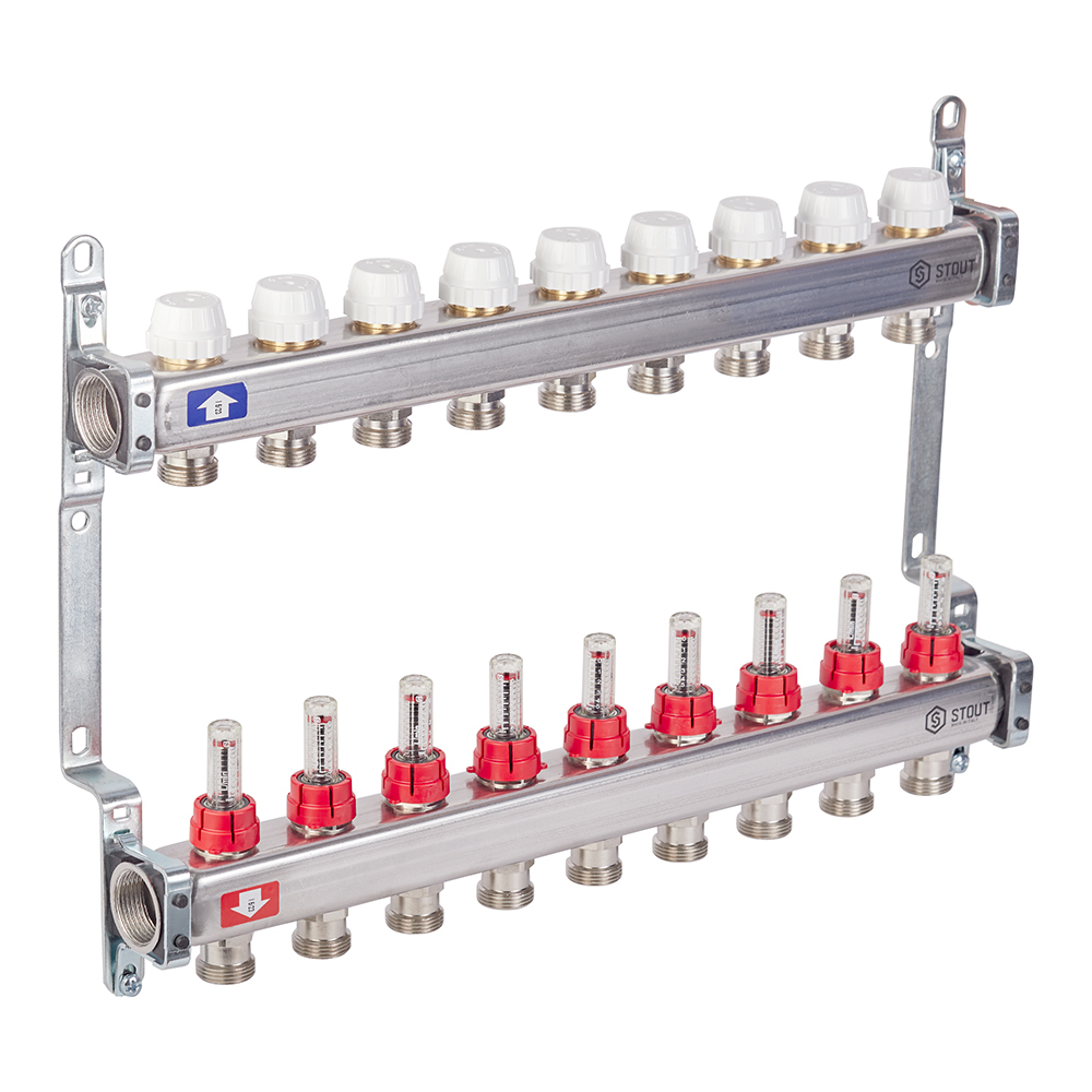 Коллекторная группа с расходомерами нержавеющая сталь Stout 1 ВР(г) х 9 выходов 3/4 НР(ш) ЕК х 1 ВР(г) Вид№2
