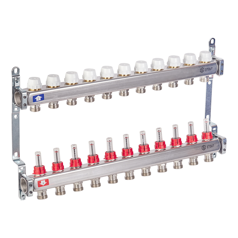 Коллекторная группа с расходомерами нержавеющая сталь Stout 1 ВР(г) х 11 выходов 3/4 НР(ш) ЕК х 1 ВР(г) Вид№2