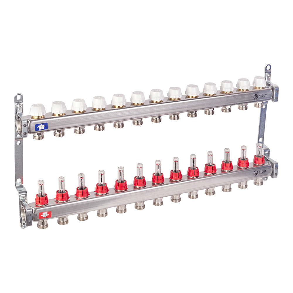 Коллекторная группа с расходомерами нержавеющая сталь Stout 1 ВР(г) х 13 выходов 3/4 НР(ш) ЕК х 1 ВР(г) Вид№2