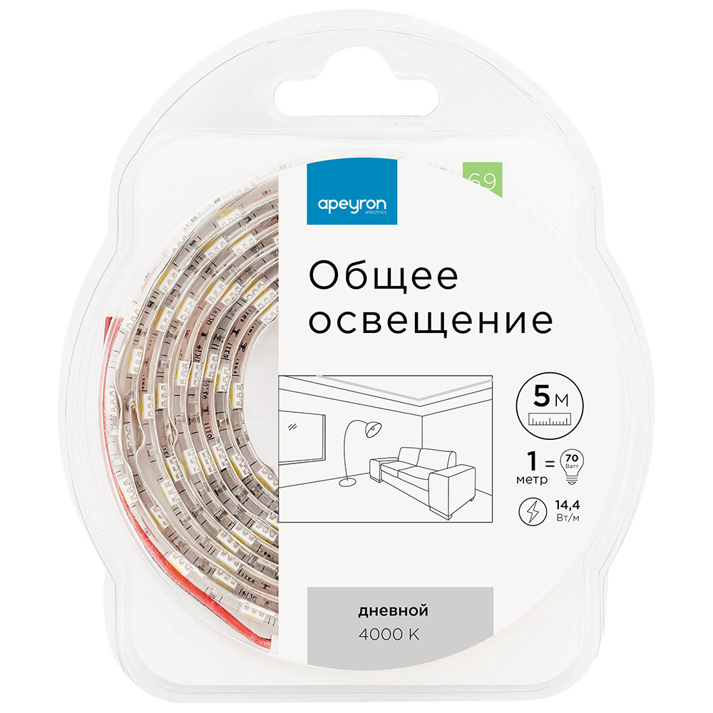 Лента светодиодная SMD 5050 4000К 12 В 10 Вт/м 5 м IP20 Apeyron (69ОО)