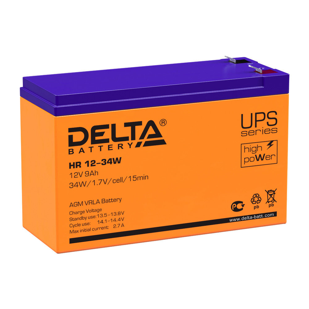 Аккумуляторная батарея Delta 12 В AGM 9 Ач (HR 12-34 W) аккумуляторная батарея delta hrl 12 9 1234w x 12 в agm 9 ач