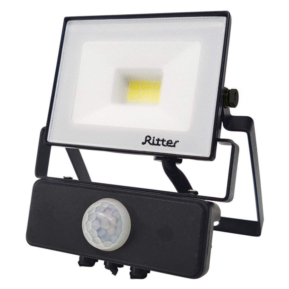 фото Прожектор светодиодный ritter profi 20 вт 230 в ip65 113х40х139 мм 6500к плоский корпус с датчиком движения черный (53420 8)