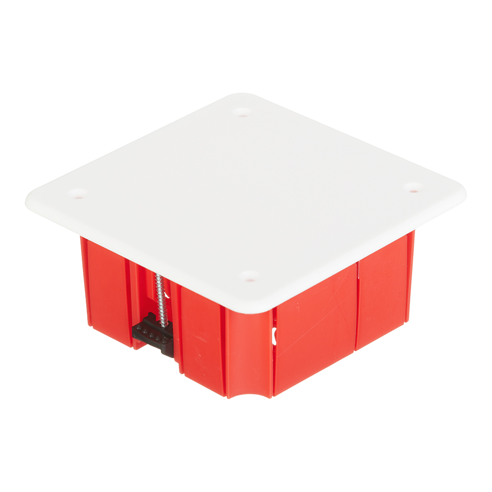 фото Коробка распределительная greenel (ge41022-r) для скрытой установки в гипсокартон 92х92х45 мм 10 вводов красная ip20 с крышкой с саморезами