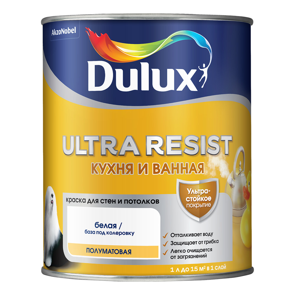 Краска моющаяся Dulux Ultra Resist кухня и ванная база BW белая 1 л краска dulux ultra resist для детской матовая база bw 5 л