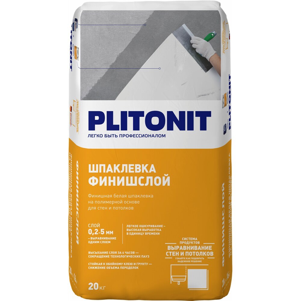 Шпаклевка полимерная Plitonit ФинишСлой для сухих помещений белая 20 кг шпаклевка полимерная plitonit кп pro финишная белая 20 кг