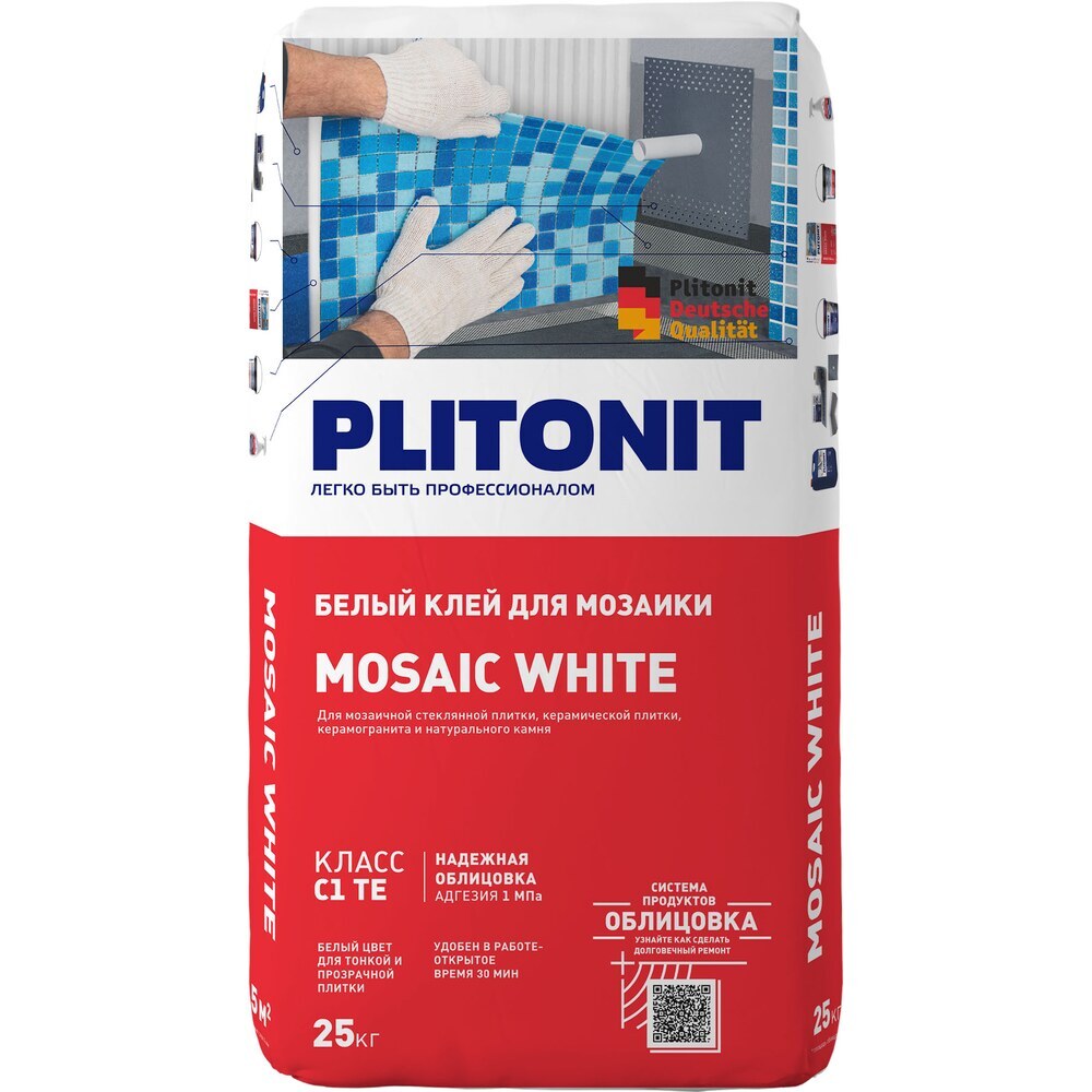 фото Клей для плитки/ мозаики/ камня plitonit mosaic white белый класс c1 te 25 кг