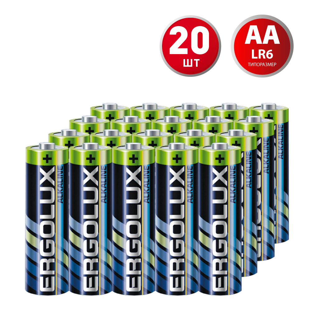Батарейка Ergolux Alkaline (LR6 BL-2) АА пальчиковая LR6 1,5 В (20 шт.) батарейка ergolux аа lr06 lr6 alkaline алкалиновая блистер 24 шт 14212