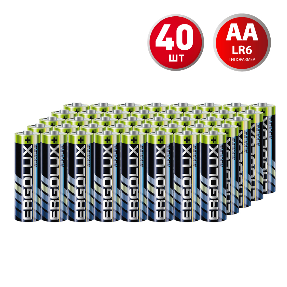 Батарейка Ergolux Alkaline (LR6 BL-4) АА пальчиковая LR6 1,5 В (40 шт.) ergolux lr6 alkaline bp20 lr6 bp20 батарейка 1 5в 20 шт в уп ке